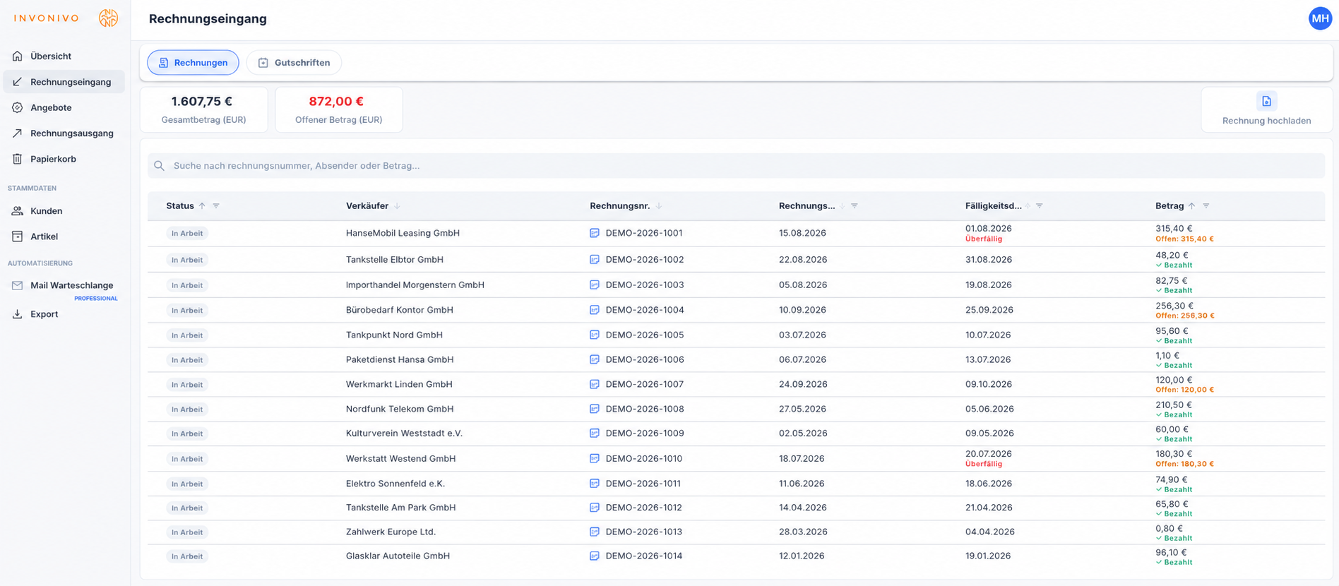 INVONIVO-Rechnungseingang mit aufgeklappter Navigation und anonymisierten Rechnungsdaten